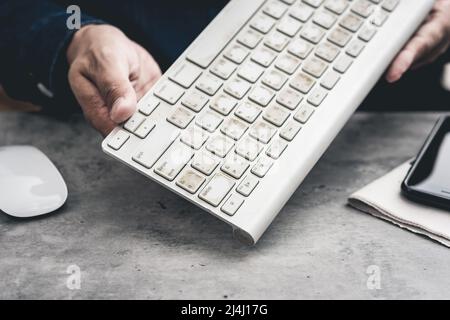 Closeup very dirty computer keyboard. Grimy, more bacteria on keyboard. Stock Photo