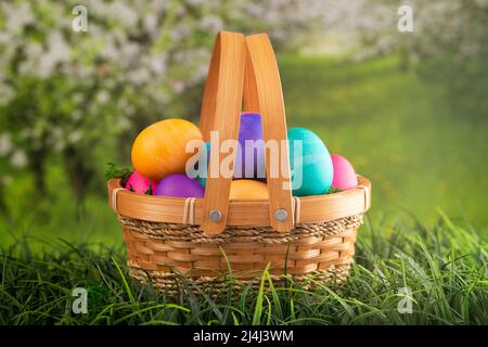 Basket Full of Colorful Solid Boiled Easter Eggs Stock Photo
