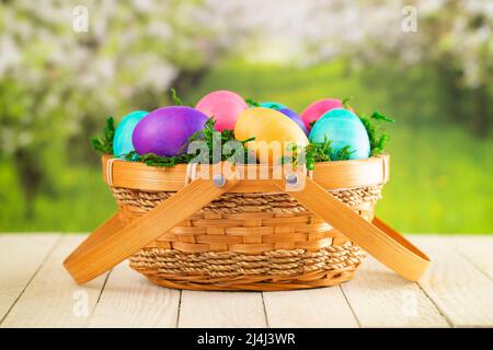 Basket Full of Colorful Solid Boiled Easter Eggs Stock Photo