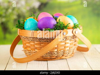 Basket Full of Colorful Solid Boiled Easter Eggs Stock Photo
