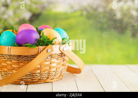 Basket Full of Colorful Solid Boiled Easter Eggs Stock Photo