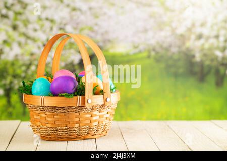 Basket Full of Colorful Solid Boiled Easter Eggs Stock Photo