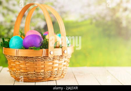 Basket Full of Colorful Solid Boiled Easter Eggs Stock Photo
