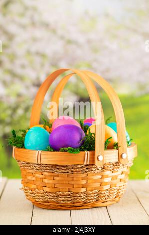 Basket Full of Colorful Solid Boiled Easter Eggs Stock Photo