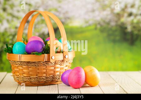 Basket Full of Colorful Solid Boiled Easter Eggs Stock Photo