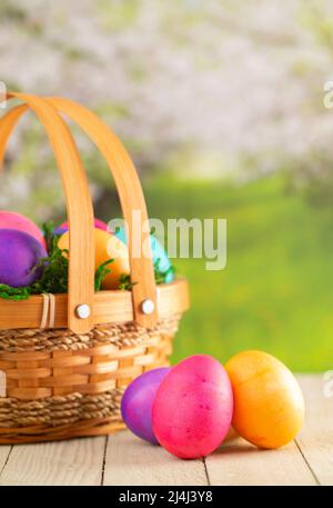 Basket Full of Colorful Solid Boiled Easter Eggs Stock Photo