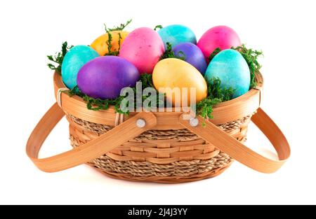 Basket Full of Colorful Solid Boiled Easter Eggs Stock Photo