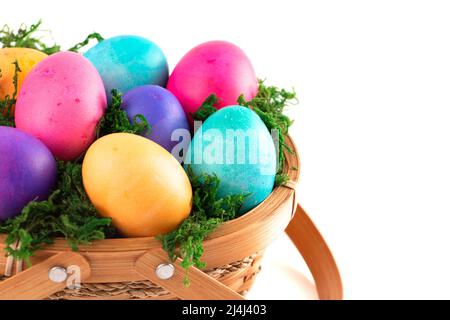 Basket Full of Colorful Solid Boiled Easter Eggs Stock Photo