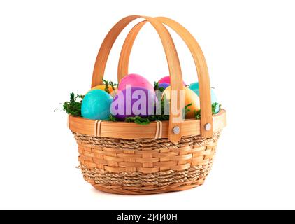 Basket Full of Colorful Solid Boiled Easter Eggs Stock Photo