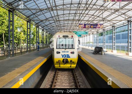 Kyiv, Ukraine - September 7, 2021: Train at the Railway station in Boryspil airport in Kyiv, Ukraine. Covered platform. Ukrainian travel. Stock Photo