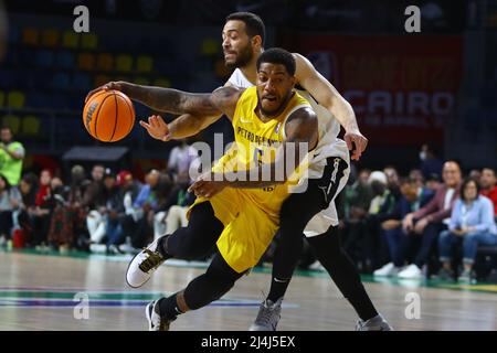 Cairo, Egypt. 15th Apr, 2022. Carlos Morais (front) of Petro de Luanda breaks through during the match between Zamalek of Egypt and Petro de Luanda of Angola at the 2022 Basketball Africa League (BAL) in Cairo, Egypt, April 15, 2022. Credit: Ahmed Gomaa/Xinhua/Alamy Live News Stock Photo