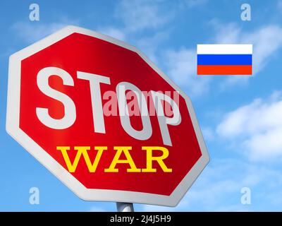 stop sign with the flag of Russia and the word war symbol for Stop the war Stock Photo