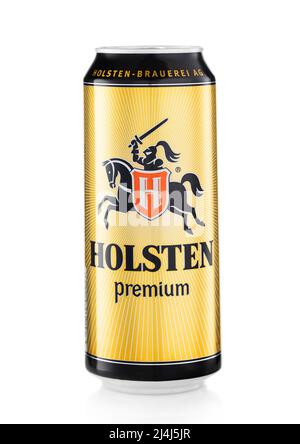 LONDON,UK - FEBRUARY 10,2022: Holsten premium lager beer on white. Product of Germany Stock Photo