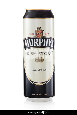 LONDON,UK - MARCH 01,2022: Murphy's Irish Stout beer on white background. Serve chilled Stock Photo