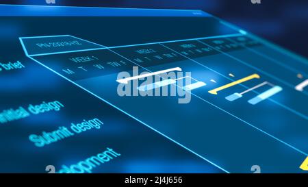project management software, futuristic interface, gantt chart, concept of project planning, flashing lights on backgrounds (3d render) Stock Photo