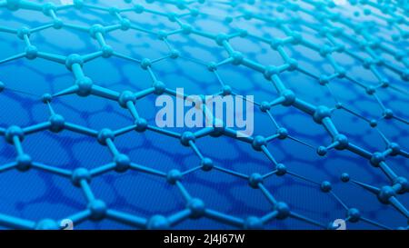 hexagon grid, graphene structure with carbon atoms, nanotechnology background illustration, extreme close-up (3d render) Stock Photo