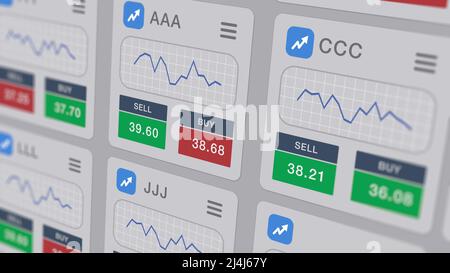 close-up of a computer screen, web interface for a financial app, realtime stock market data and charts, concept of online trading, light theme (3d re Stock Photo