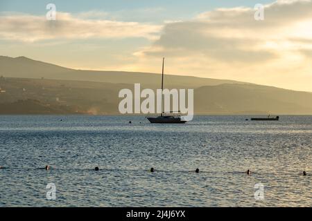 Tbilisi sea and boat with deflated sails. Landscape. Sunrise Stock Photo