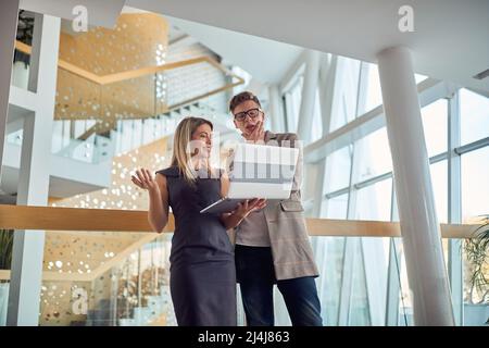 A young businessman is interested in laptop content shown to him by his young female colleague while they standing in a pleasant atmosphere in the hal Stock Photo