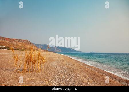 Turkey sea beach landscape with dry grass on foreground Stock Photo