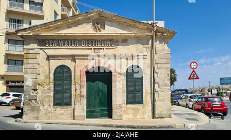 Sliema, Malta - June 7th 2021: The first sea water distilling plant in Malta was built in 1881 to provide water to the British Army. Stock Photo