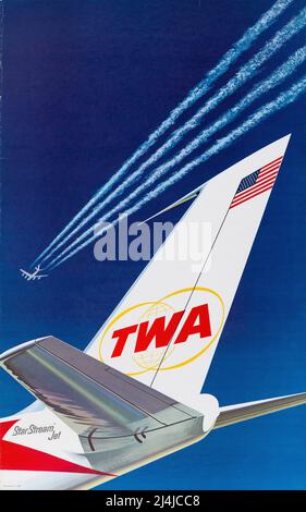 Vintage 1960's Travel Poster - TWA Airlines - Jet planes on a blue background. Stock Photo