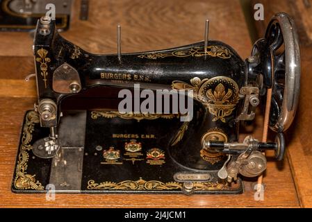 Hoorn, Netherlands, March 2022. Old-fashioned sewing machine. High quality photo Stock Photo