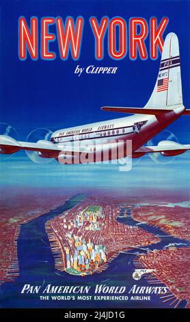 Vintage 1950s Pan Am travel poster -New York by Clipper- Pan