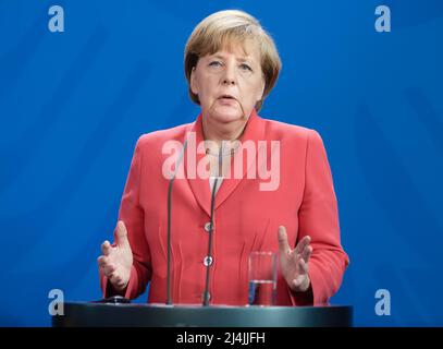Berlin, Germany. 24th Aug, 2015. Chancellor of the Federal Republic of Germany Angela Merkel during a joint briefing with President of Ukraine Petro Poroshenko and French President Francois Hollande. (Credit Image: © Mykhaylo Palinchak/SOPA Images via ZUMA Press Wire) Stock Photo