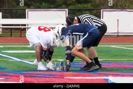 High school boys ready to face off in a lacrosse game eith the official setting the ball in place. Stock Photo