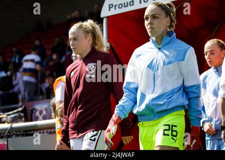 London, UK. 16th Apr, 2022. Grace Fisk (22 West Ham) and Goalkeeper Ellie Roebuck (26 Manchester City) walk out to the Vitality Womens FA Cup Semi Final game between West Ham and Manchester City at Chigwell Construction Stadium in London, England. Liam Asman/SPP Credit: SPP Sport Press Photo. /Alamy Live News Stock Photo