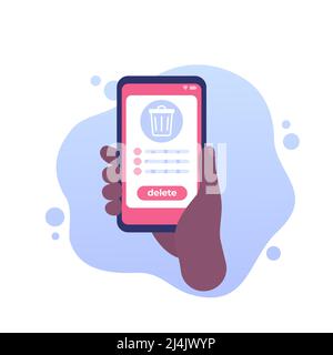 Trash bin in phone, delete files vector Stock Vector