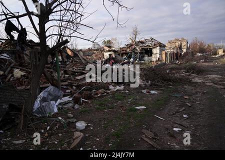 SUMY, UKRAINE - APRIL 14, 2022 - Buildings destroyed by Russian troops are pictured in Sumy, northeastern Ukraine. Stock Photo