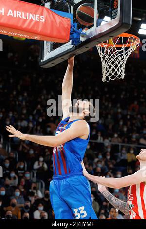 BARCELONA - MAR 18: Nikola Mirotic in action during the Turkish Airlines Euroleague match between FC Barcelona and Crvena Zvezda at the Palau Blaugran Stock Photo