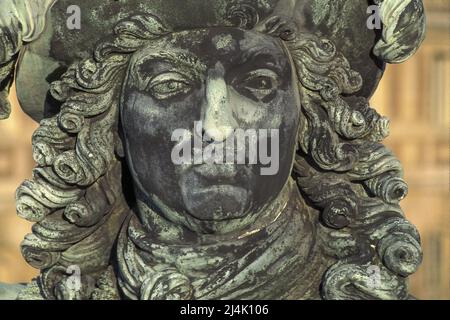 France. Yvelines (78) Palace of Versailles: detail of the equestrian statue of Louis XIV. Portrait of the King Stock Photo