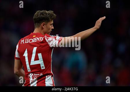 MADRID, SPAIN - APRIL 13: Marcos Llorente of Atletico de Madrid during the UEFA Champions League Quarter Final Leg Two match between Atletico Madrid and Manchester City at Wanda Metropolitano on April 13, 2022 in Madrid, Spain. Pablo Morano MB Media Stock Photo