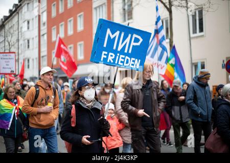 On April 16, 2022 about one thousand people joined the Easter March for peace and disarmament in Munich, Germany. They protested against Putin's brutal war against Ukraine and against the arming of the German and military and NATO. (Photo by Alexander Pohl/Sipa USA) Stock Photo