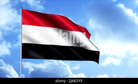 Patriotic flags of country are fluttering in wind. Motion. Flag on flagpole flutters on background of sky and moving clouds. 3D flag of Yemen Stock Photo