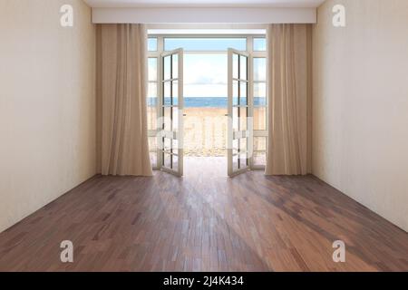 Empty Hotel Room with Sea View. Interior with Beige Curtains, Open Door Overlooking the Beach, Yellow Sand and Clouds. Dark Parquet Floor and Beige Pl Stock Photo