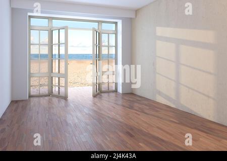 Empty Hotel Room with Sea View. Unfurnished Interior with Open Doors Overlooking the Ocean, Yellow Sand and the Clouds. Dark Parquet Floor and a Beige Stock Photo