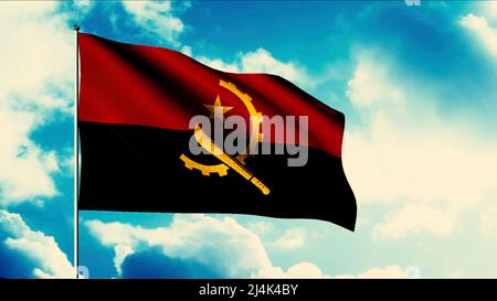 The flag of Angola. Motion. A two-tone flag with a red and black stripe at the bottom on a blue sky background. Stock Photo