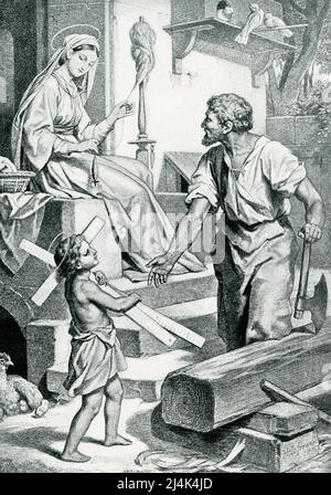 The 1903 caption reads: 'Childhood of Christ from painting by Hoffman 1824.' Jesus is the Greek name for the Hebrew Joshua (savior). Christ is the Greek translation of the Hebrew Messiah (anointed). For Christians, Jesus Christ is the founder of Christianity. This illustration shows Jesus as a young boy working with and helping his father, Joseph. Pictured also is his mother, Mary. Hans Hofmann (died 1966) was a German-born American painter, renowned as both an artist and teacher. His career spanned two generations and two continents, and is considered to have both preceded and influenced Abst Stock Photo