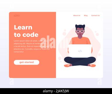 Learn to code web page, banner with coding girl Stock Vector
