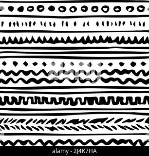 Black white border abstract vector seamless pattern with ink effect. Illustration contains hand drawn circles, lines, rectangles, elements, shapes, sp Stock Vector