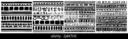 Set of black white border abstract tribal vector repeat seamless pattern aged effect. Illustration contains hand drawn spkatter, triangles, rectangles Stock Vector