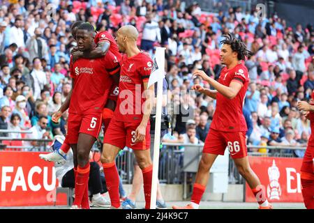 London, UK. 16th Apr, 2022. Ibrahima Konate of Liverpool (5) celebrates with teammates after he scores their 1st goal. The Emirates FA Cup, semi final, Manchester City v Liverpool at Wembley Stadium in London on Saturday 16th April 2022.this image may only be used for Editorial purposes. Editorial use only, license required for commercial use. No use in betting, games or a single club/league/player publications.pic by Andrew Orchard/Andrew Orchard sports photography/Alamy Live News Credit: Andrew Orchard sports photography/Alamy Live News Stock Photo