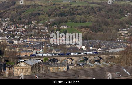 Northern Rail CAF class 195 trains 195012 + 195013 crossing Todmorden viaduct in the Pennines Stock Photo