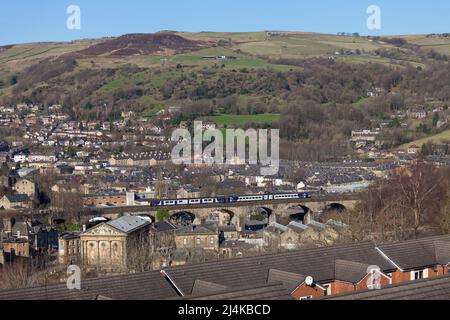 Northern Rail class 150 + class 158 sprinter trains crossing Todmorden viaduct in the Pennines 158907 + 150107 Stock Photo