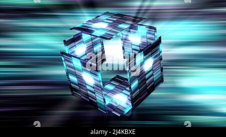 Abstract transforming 3d cube made of blue and turquoise tiles. Motion ...