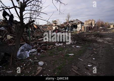SUMY, UKRAINE - APRIL 14, 2022 - Buildings destroyed by Russian troops are pictured in Sumy, northeastern Ukraine. Photo by Anna Voitenko/Ukrinform/ABACAPRESS.COM Stock Photo